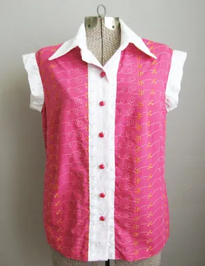 1970s Blouse Pink Eyelet Embroidered