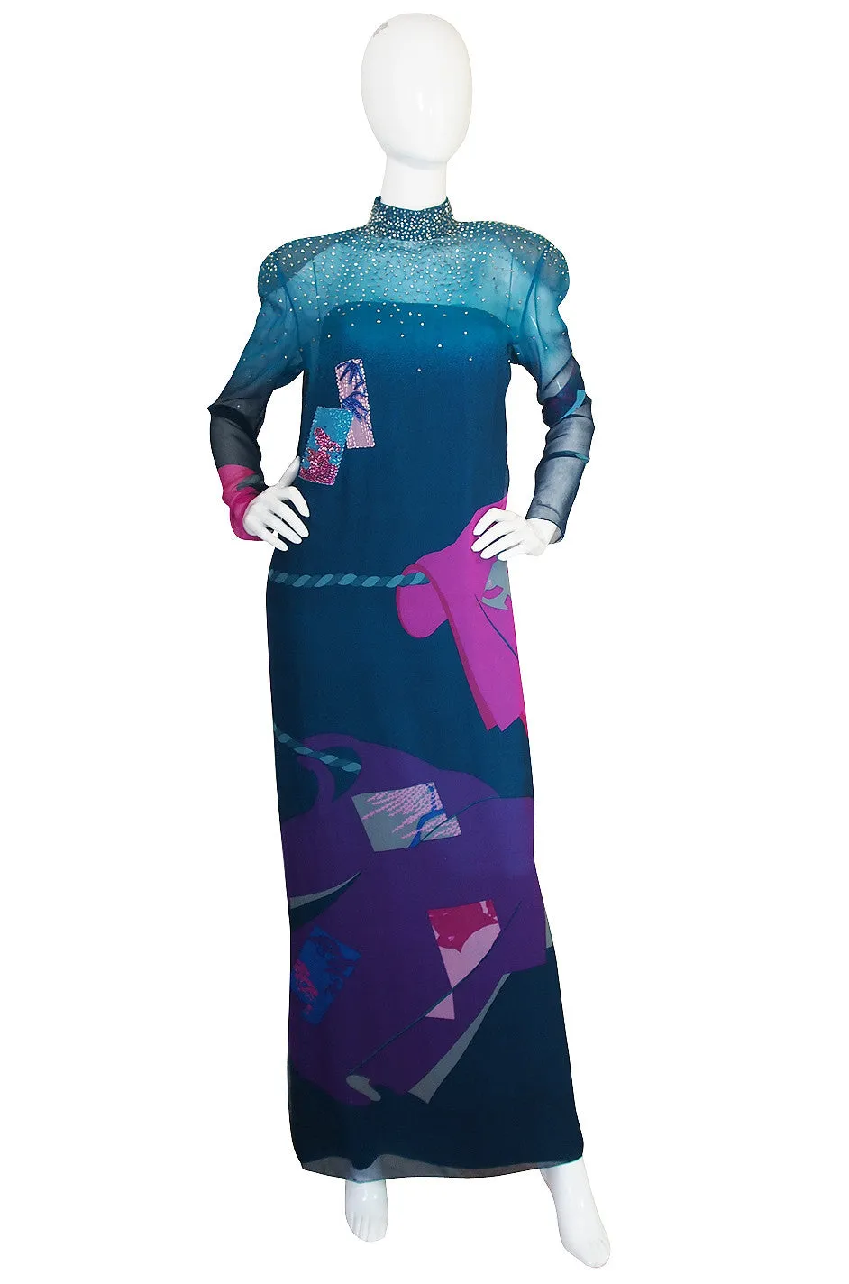 1970s Hanae Mori Couture Beaded Silk Chiffon Dress