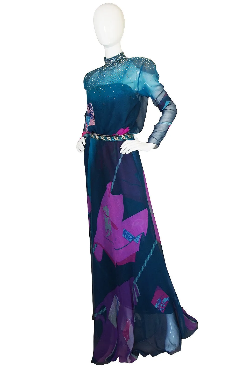 1970s Hanae Mori Couture Beaded Silk Chiffon Dress