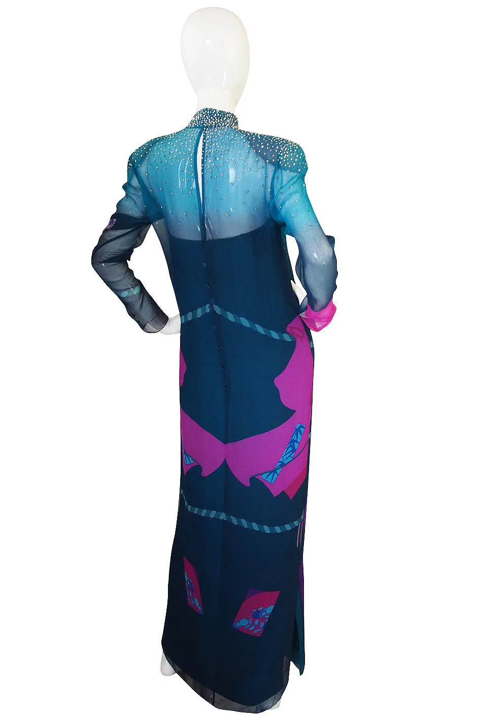 1970s Hanae Mori Couture Beaded Silk Chiffon Dress