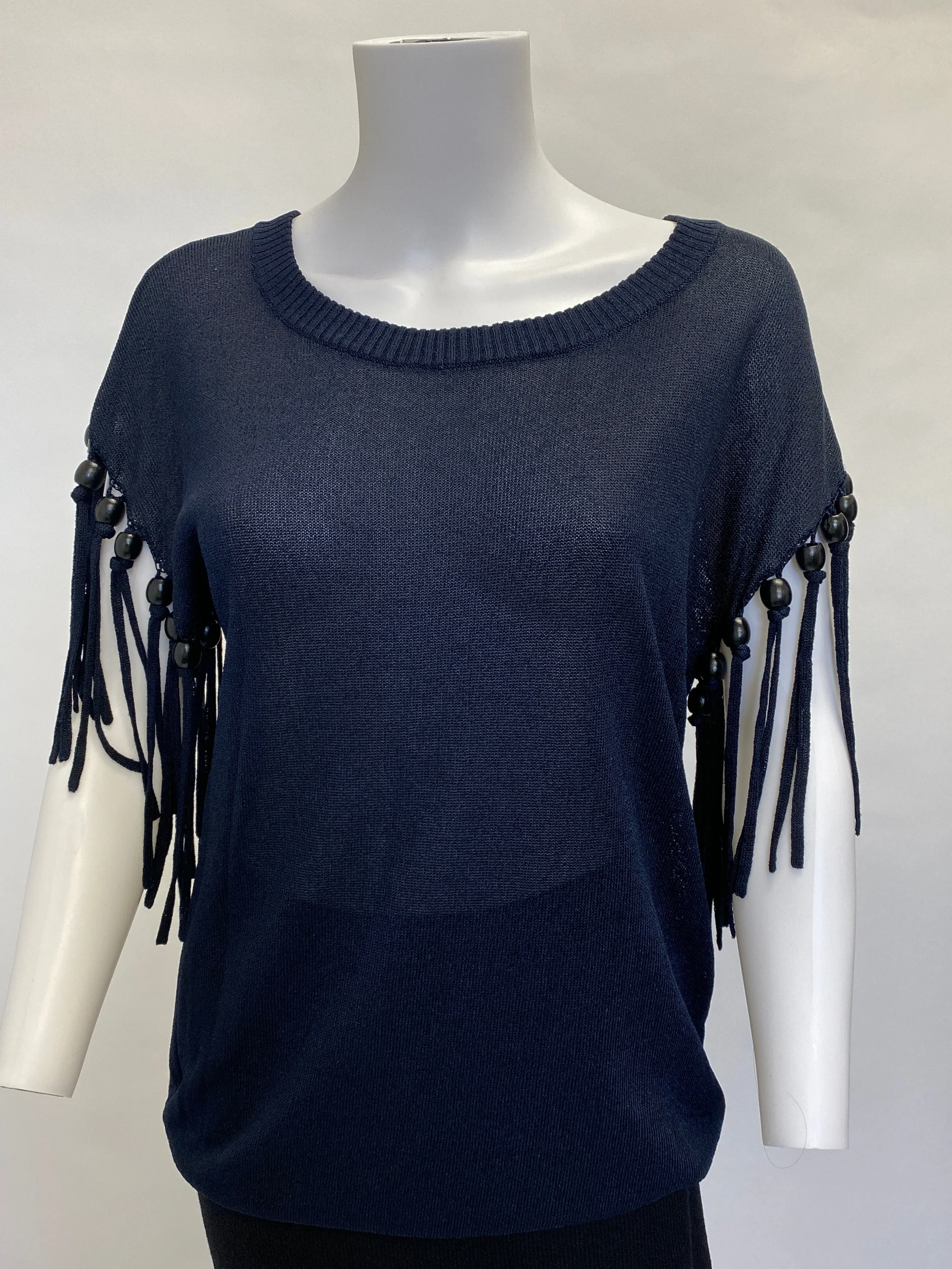 A.L.C Navy Knit Top with Beaded Sleeve