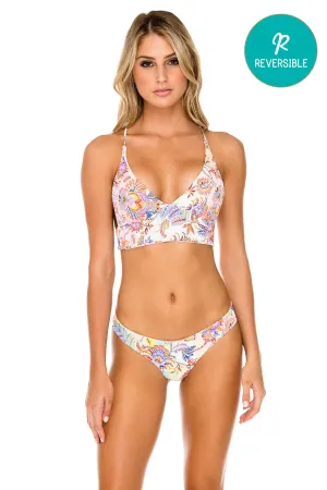ALCAZAR - Cross Back Bustier Top & Wavey Ruched Back Brazilian Bottom • Multicolor