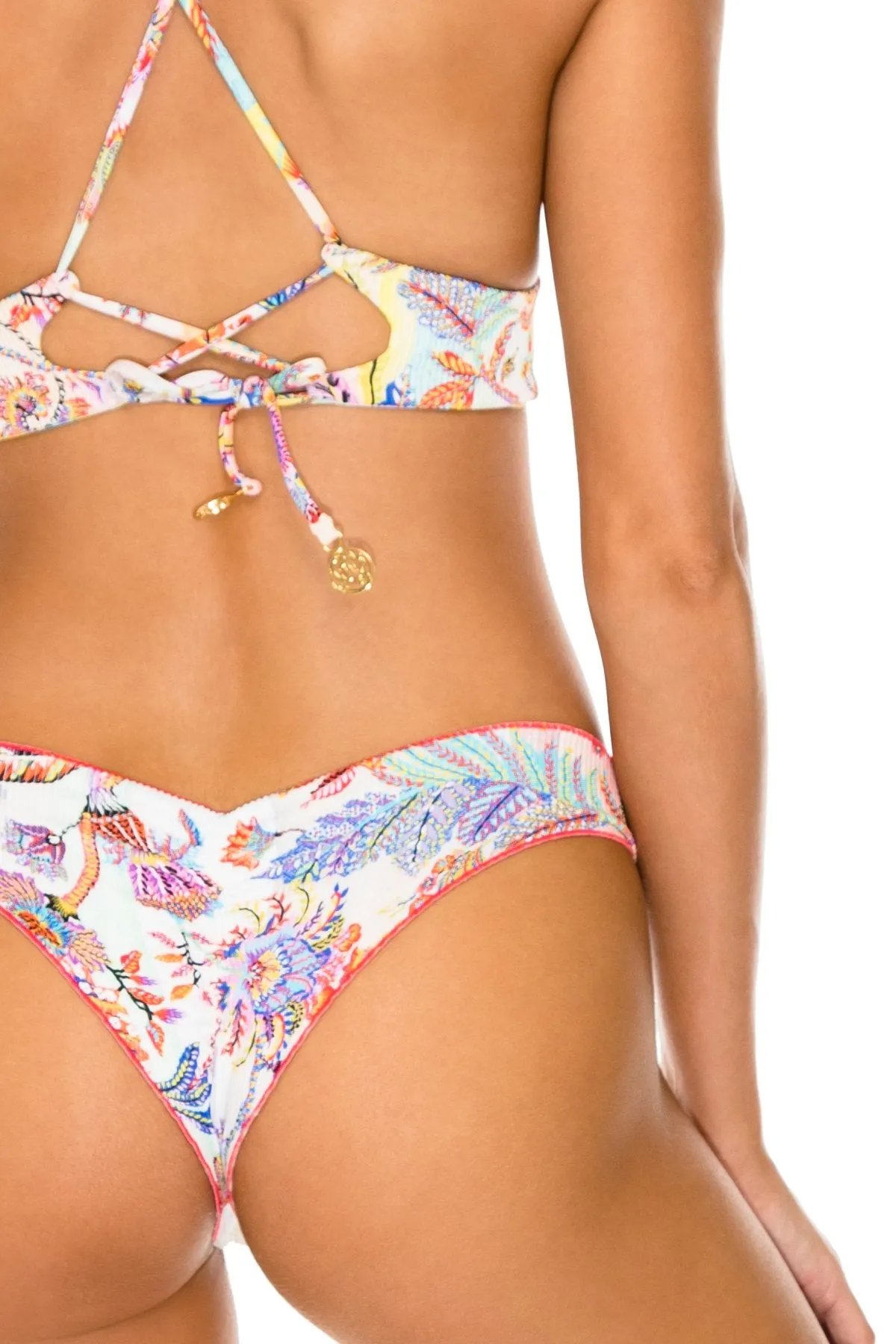ALCAZAR - Cross Back Bustier Top & Wavey Ruched Back Brazilian Bottom • Multicolor