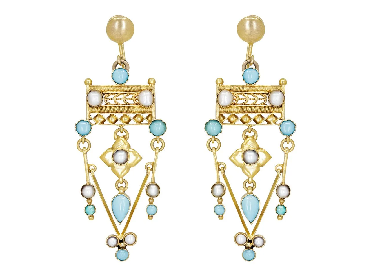 Antique Victorian Turquoise and Split Pearl Earrings in Low Karat Gold