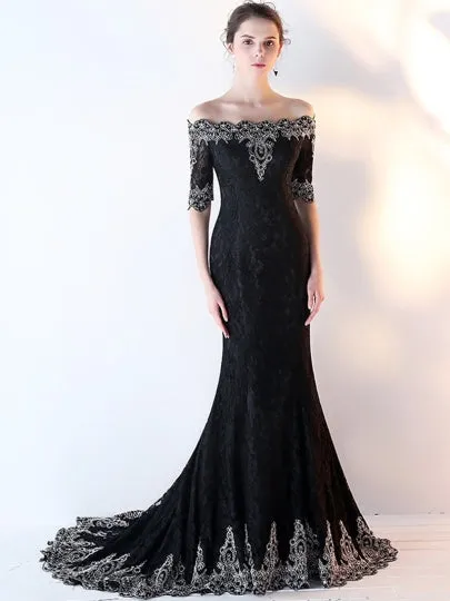 Appliques Lace Half Sleeves Evening Dress