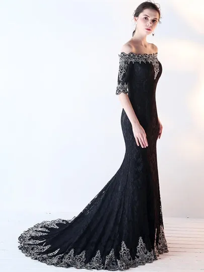 Appliques Lace Half Sleeves Evening Dress