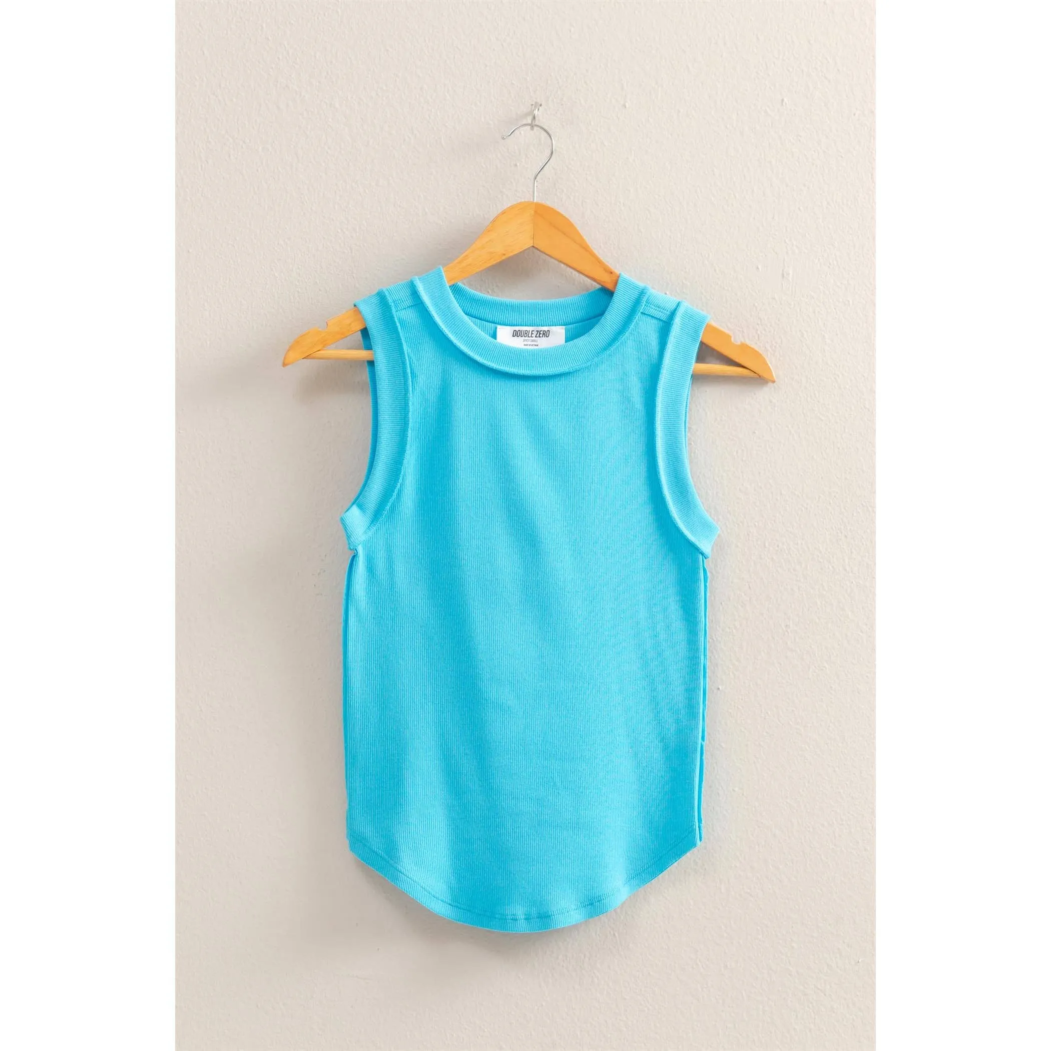 Aqua Blue Round Neck Ribbed Tank Top