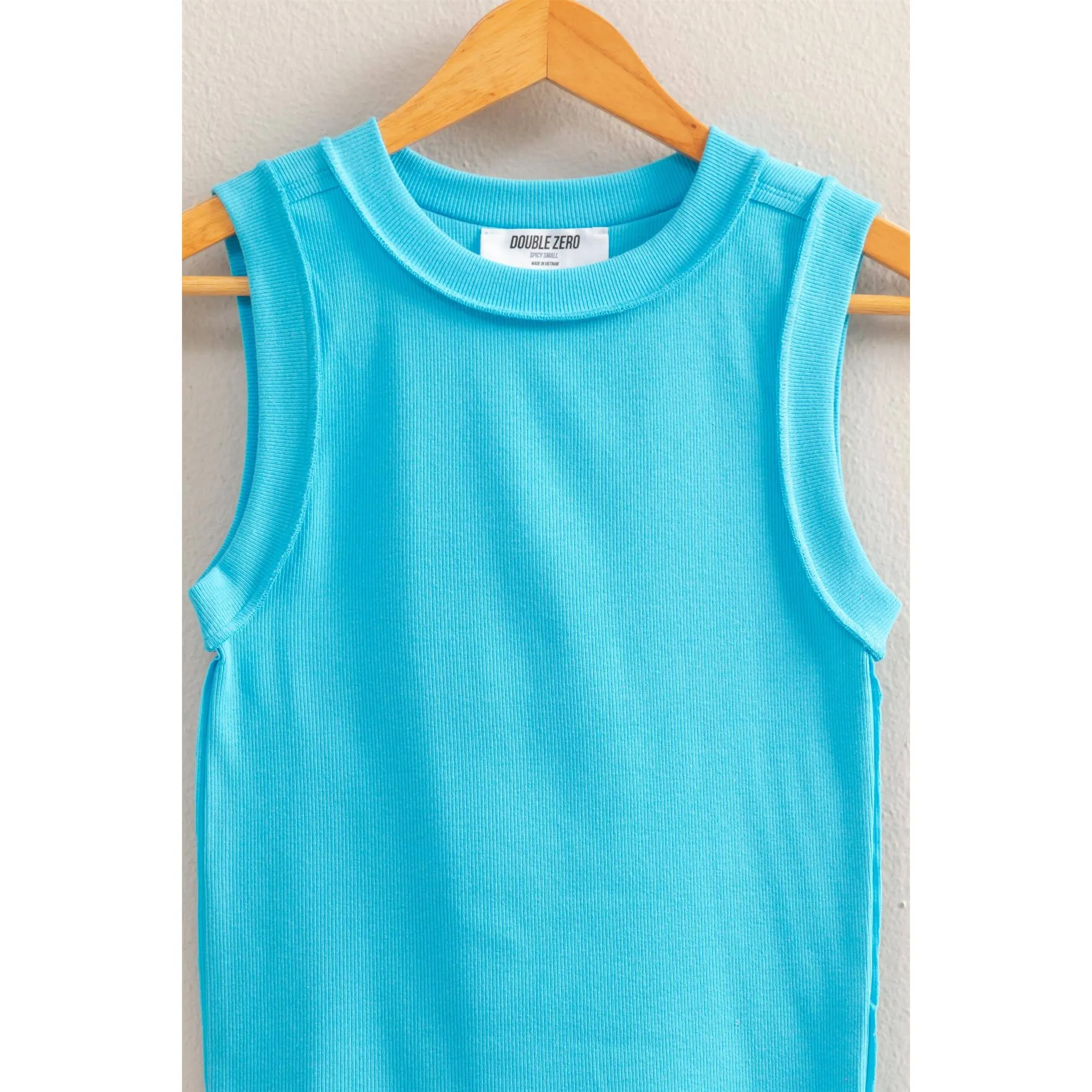 Aqua Blue Round Neck Ribbed Tank Top