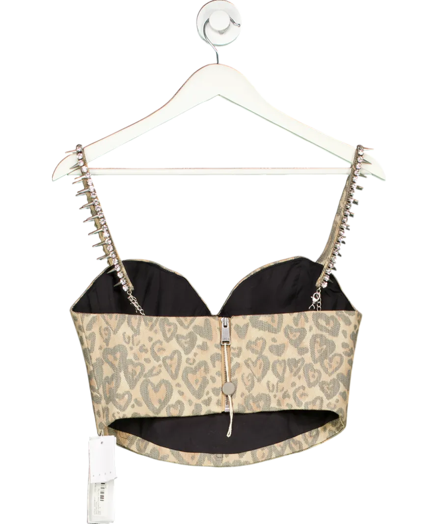 AREA Brown Heart Leopard Crystal  Bow Trim Bustier Top UK 8