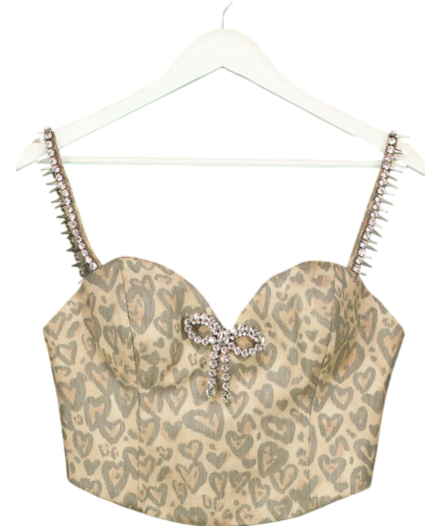 AREA Brown Heart Leopard Crystal  Bow Trim Bustier Top UK 8