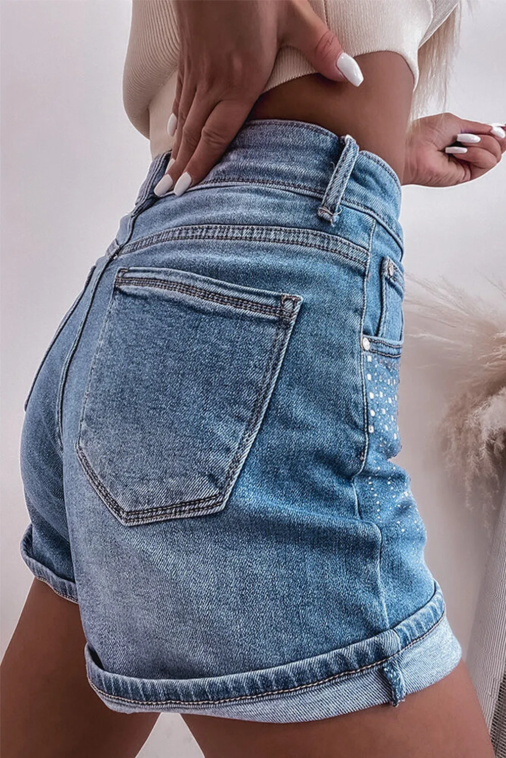 Ashleigh Rhinestone Denim Shorts – Blue Sparkle