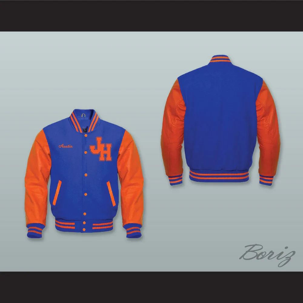 Austin John Hughes High School Royal Blue Wool and Orange Lab Leather Varsity Letterman Jacket