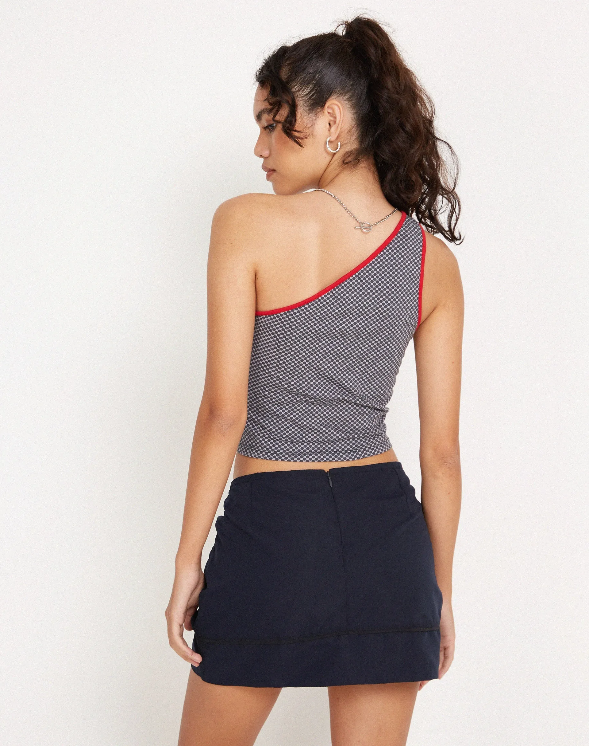 Baylor One Shoulder Top in Grey Red Sporty Micro Spot