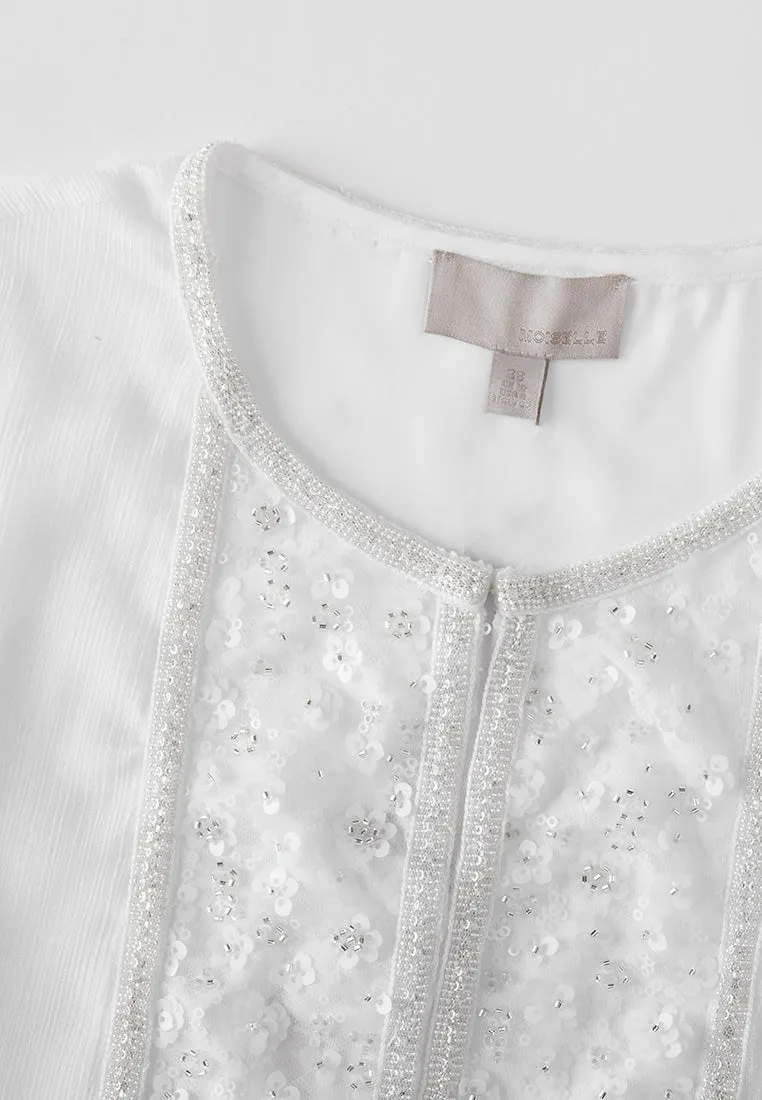 Beaded-trim Embellished Puffed-sleeve Chiffon Blouse
