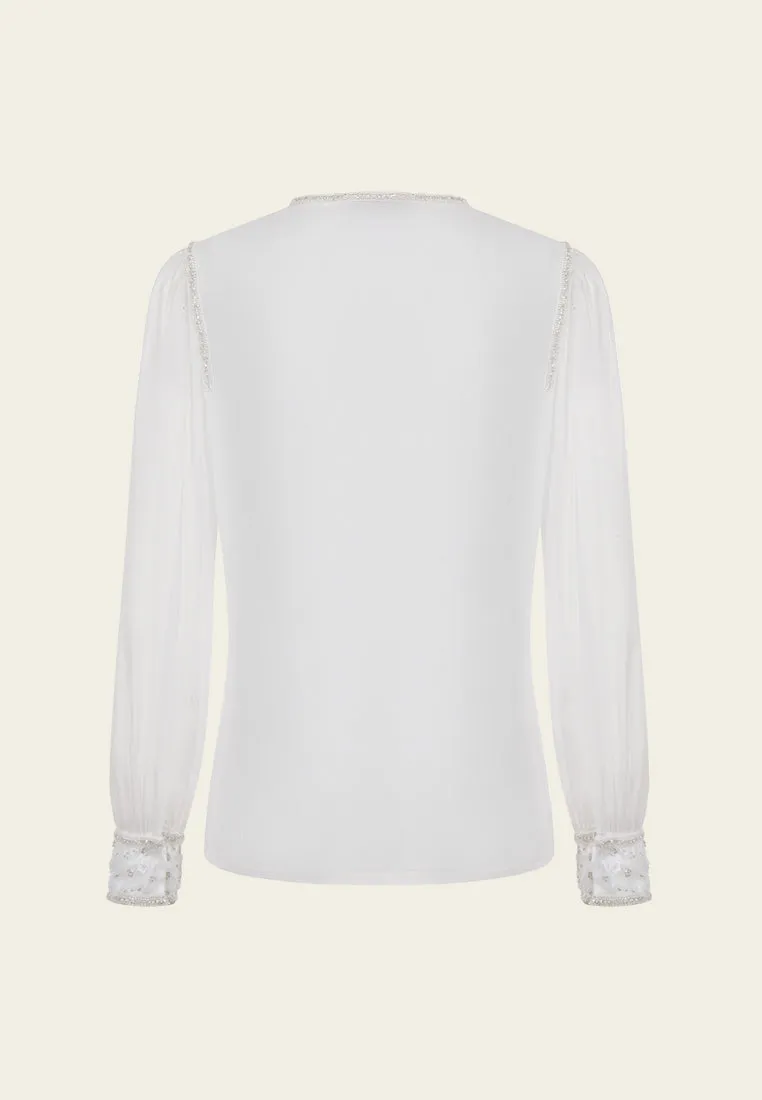 Beaded-trim Embellished Puffed-sleeve Chiffon Blouse
