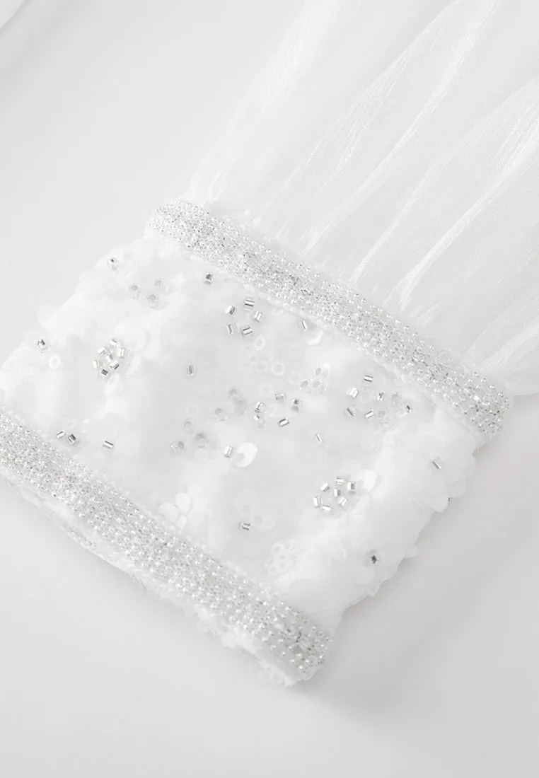 Beaded-trim Embellished Puffed-sleeve Chiffon Blouse