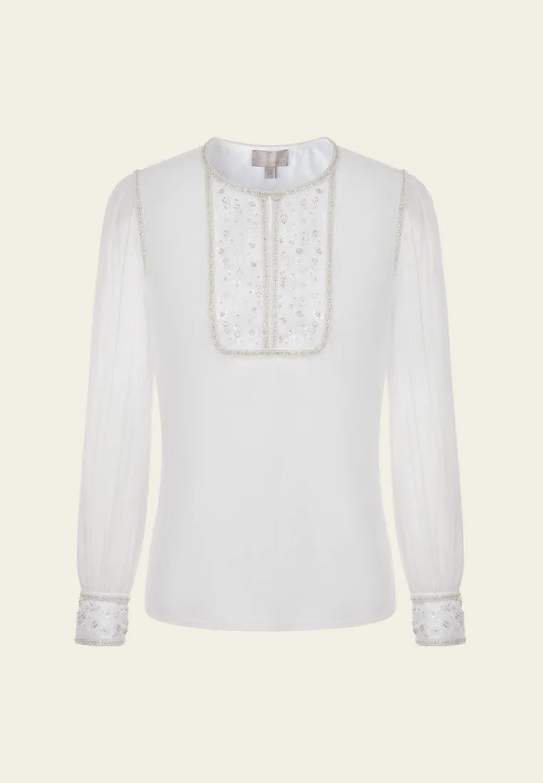 Beaded-trim Embellished Puffed-sleeve Chiffon Blouse