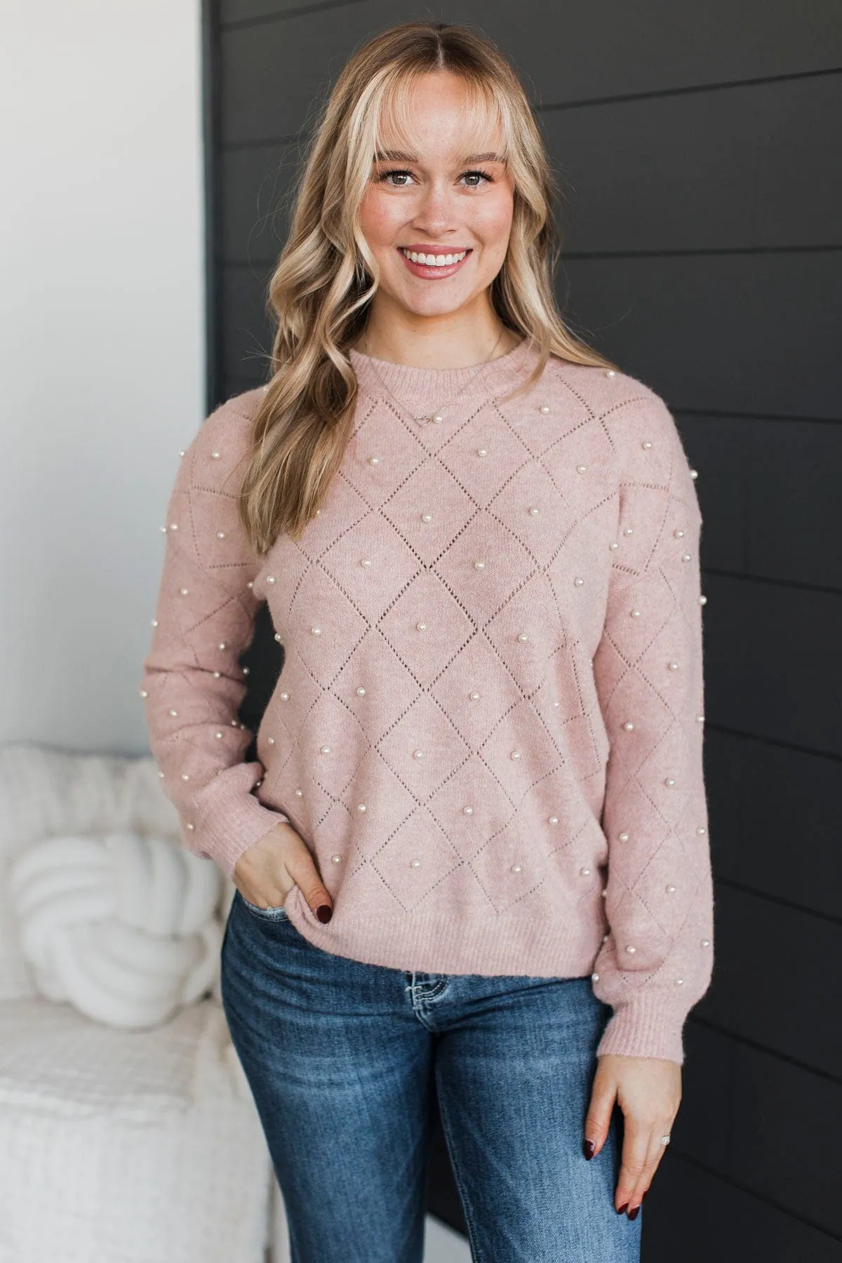 Beautiful Dreams Beaded Pointelle Sweater- Dusty Blush