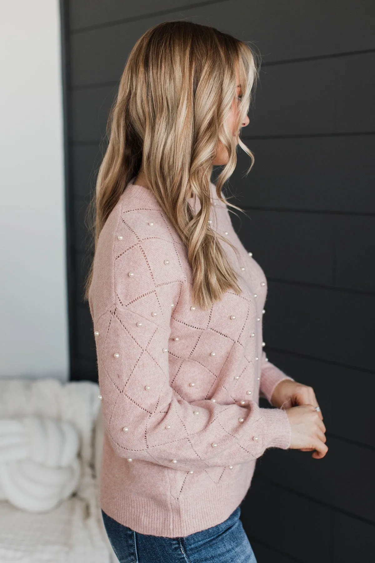 Beautiful Dreams Beaded Pointelle Sweater- Dusty Blush
