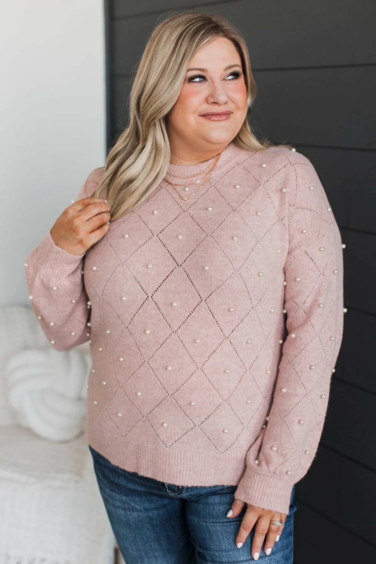 Beautiful Dreams Beaded Pointelle Sweater- Dusty Blush