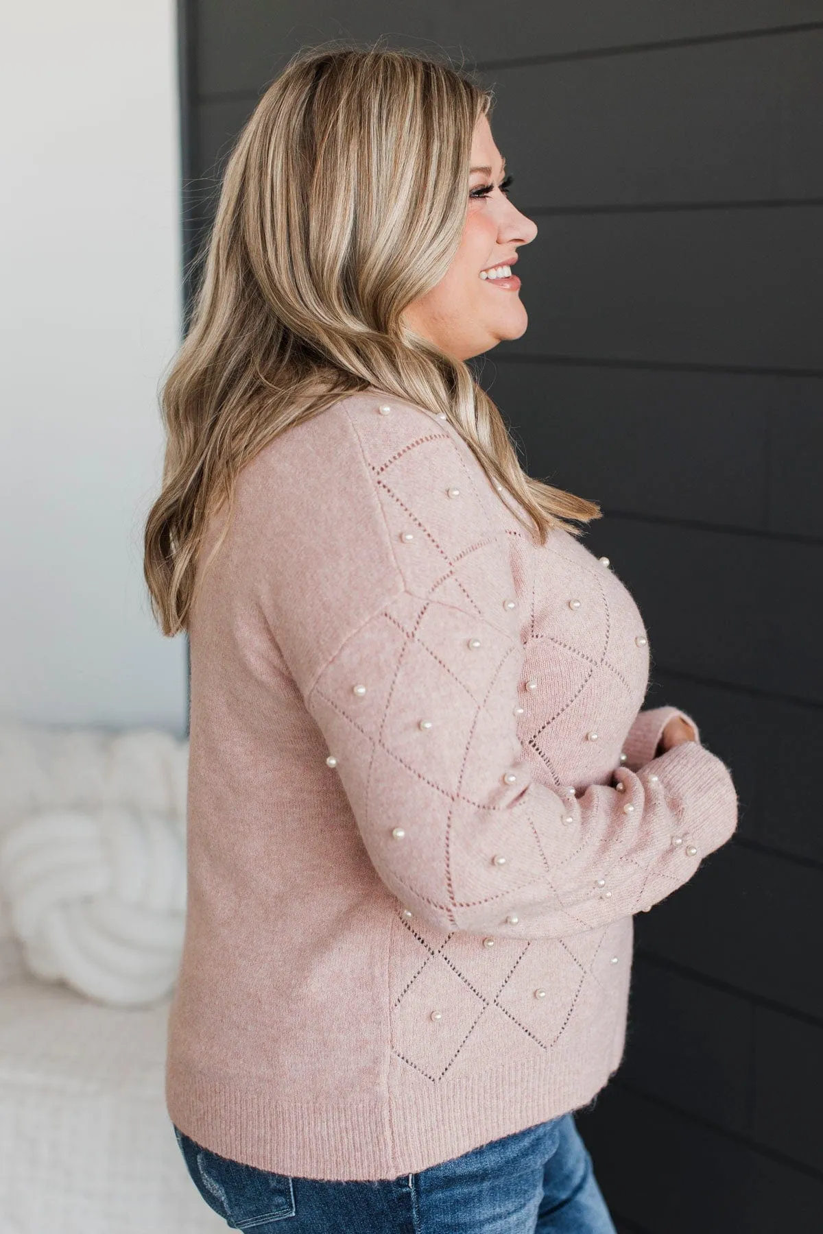 Beautiful Dreams Beaded Pointelle Sweater- Dusty Blush