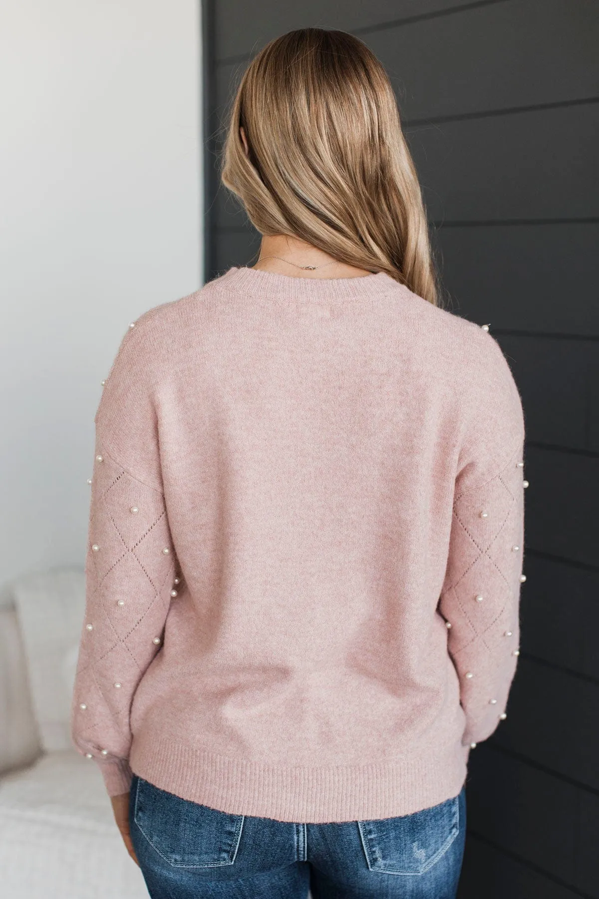 Beautiful Dreams Beaded Pointelle Sweater- Dusty Blush