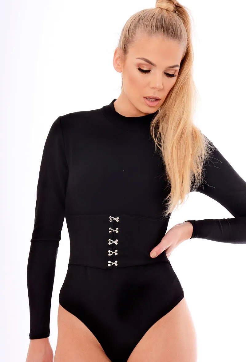 Black High Neck Corset Detail Bodysuit - Hilda