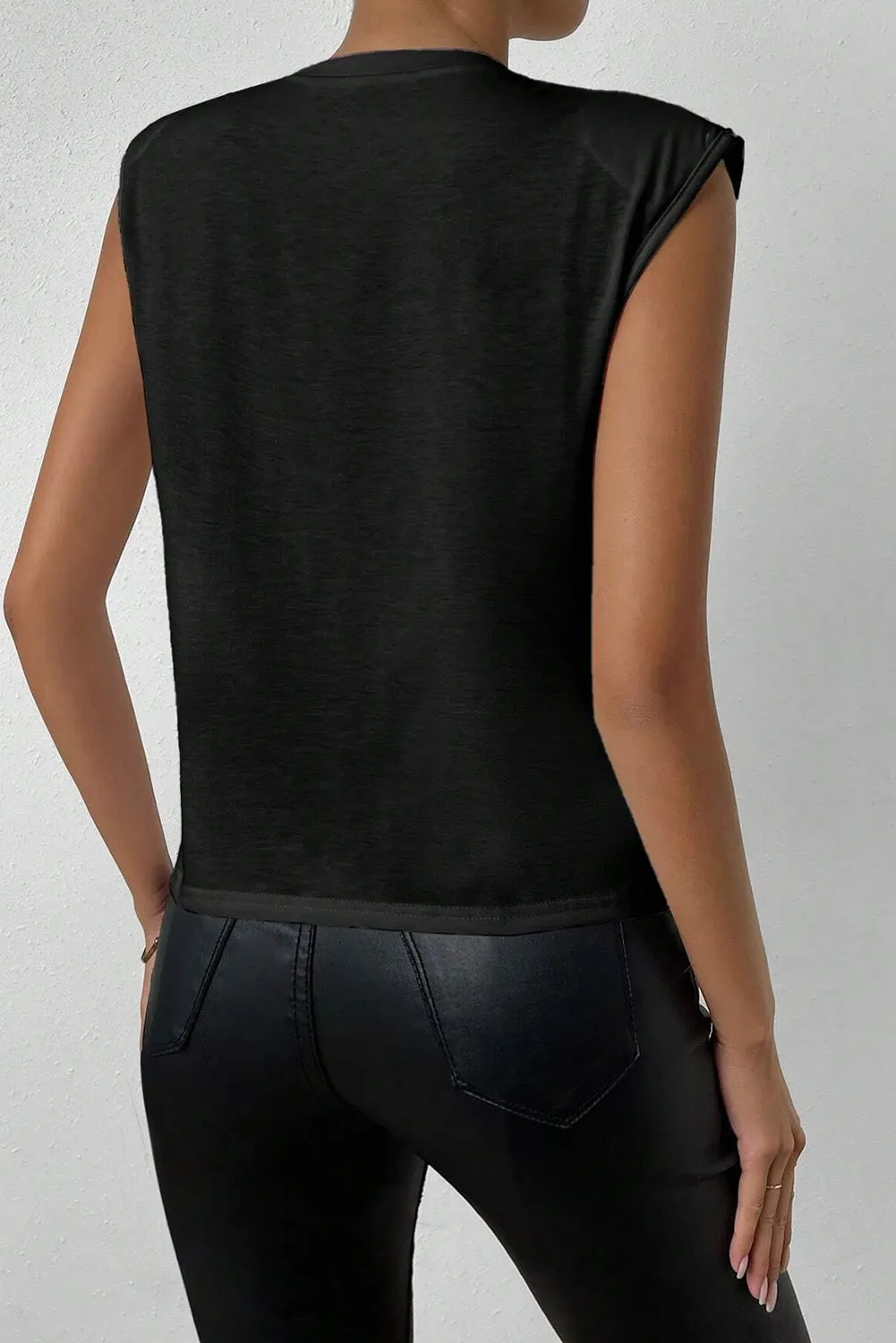 Black Pearls Beaded Shoulder Pad Tank Top