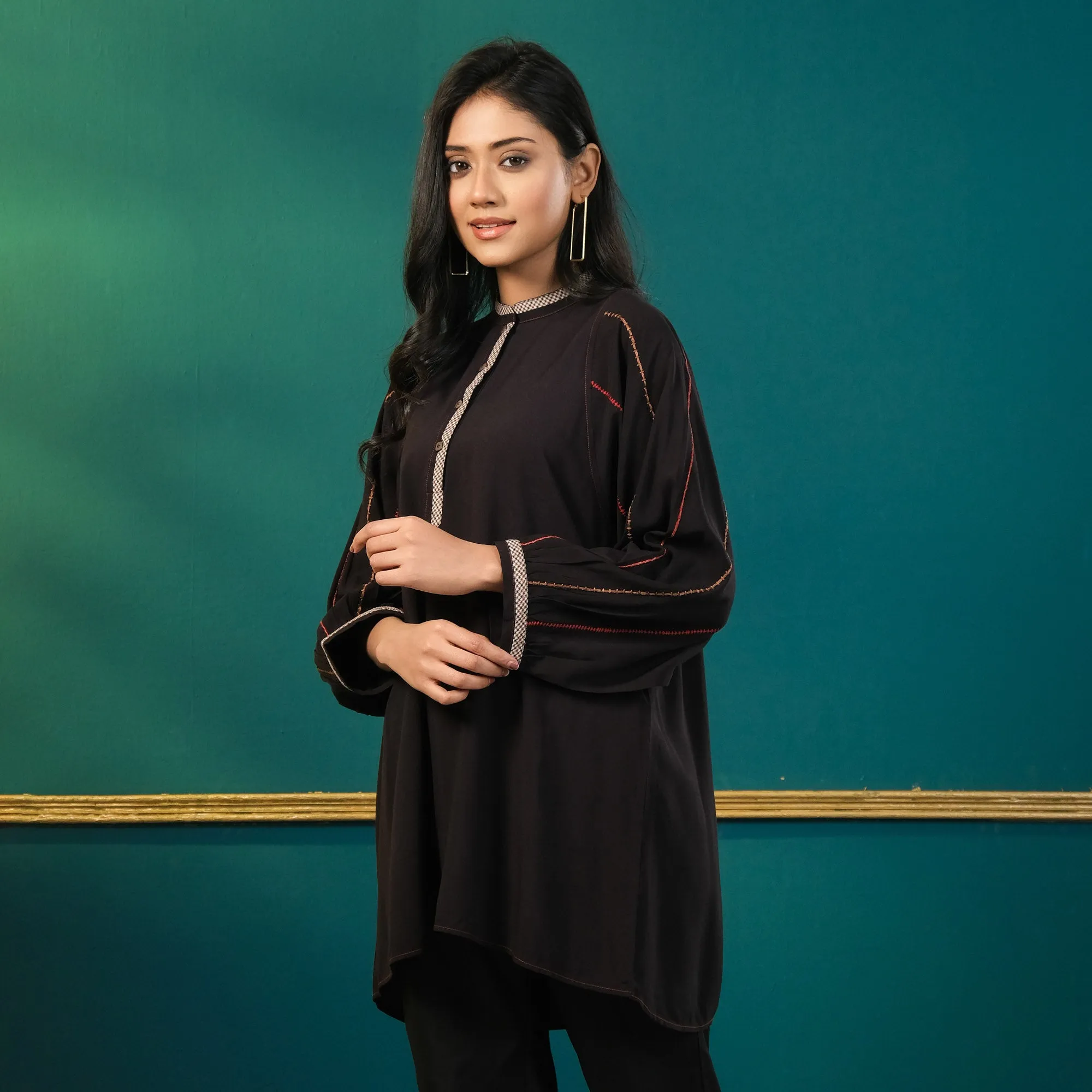 Black Printed Embroidered Top