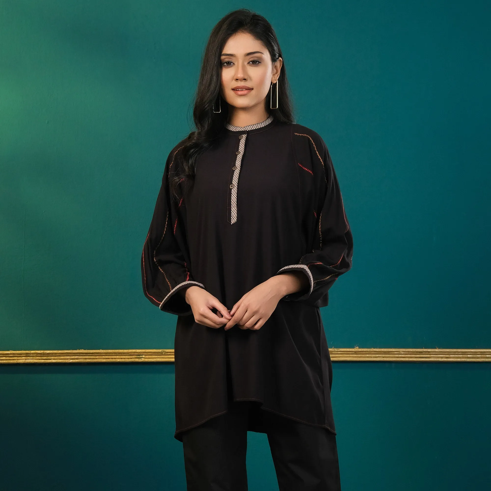 Black Printed Embroidered Top