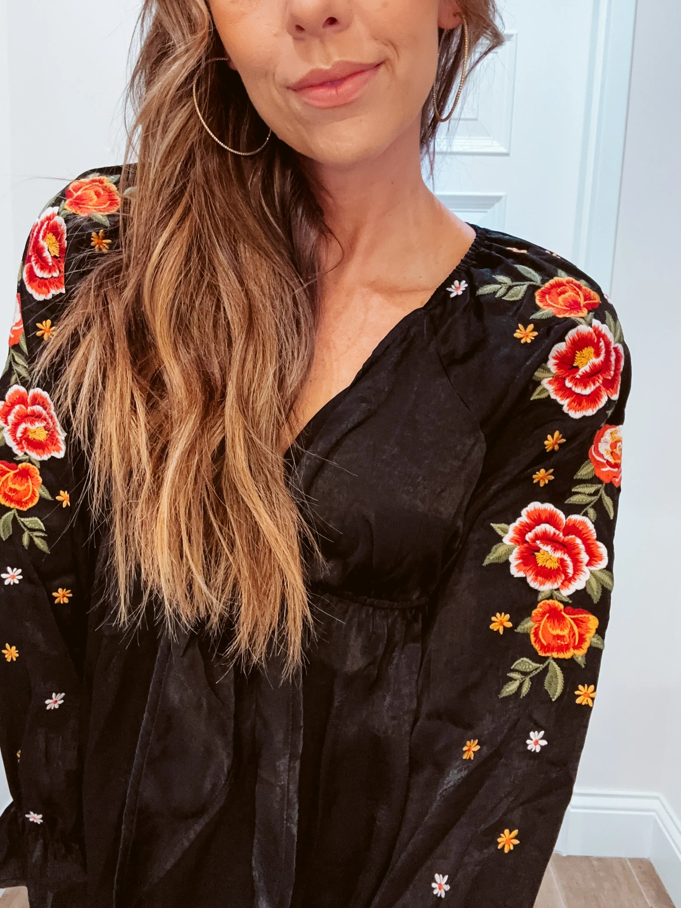 Black Silky Satin Embroidered Sleeve Babydoll Top