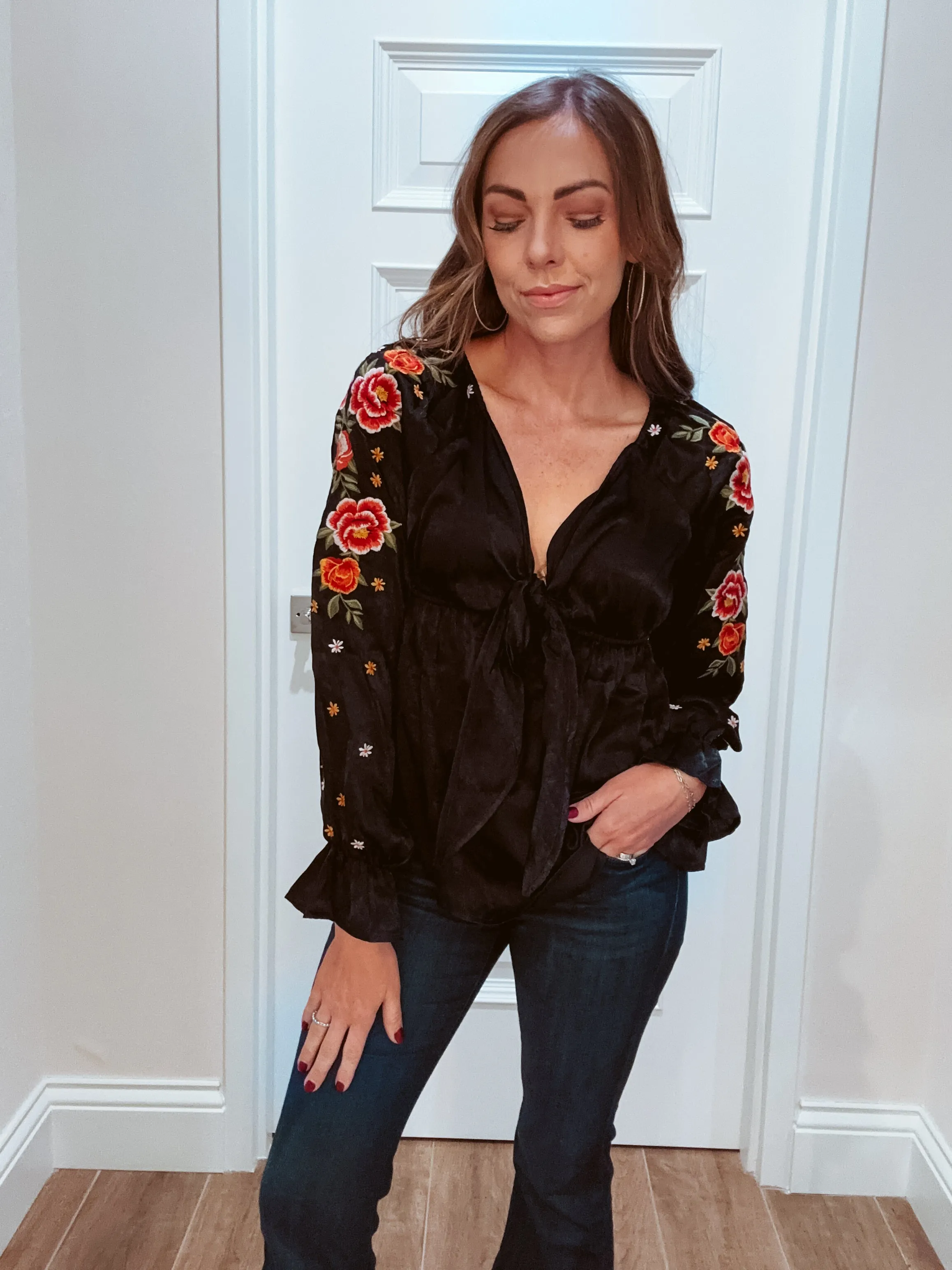Black Silky Satin Embroidered Sleeve Babydoll Top