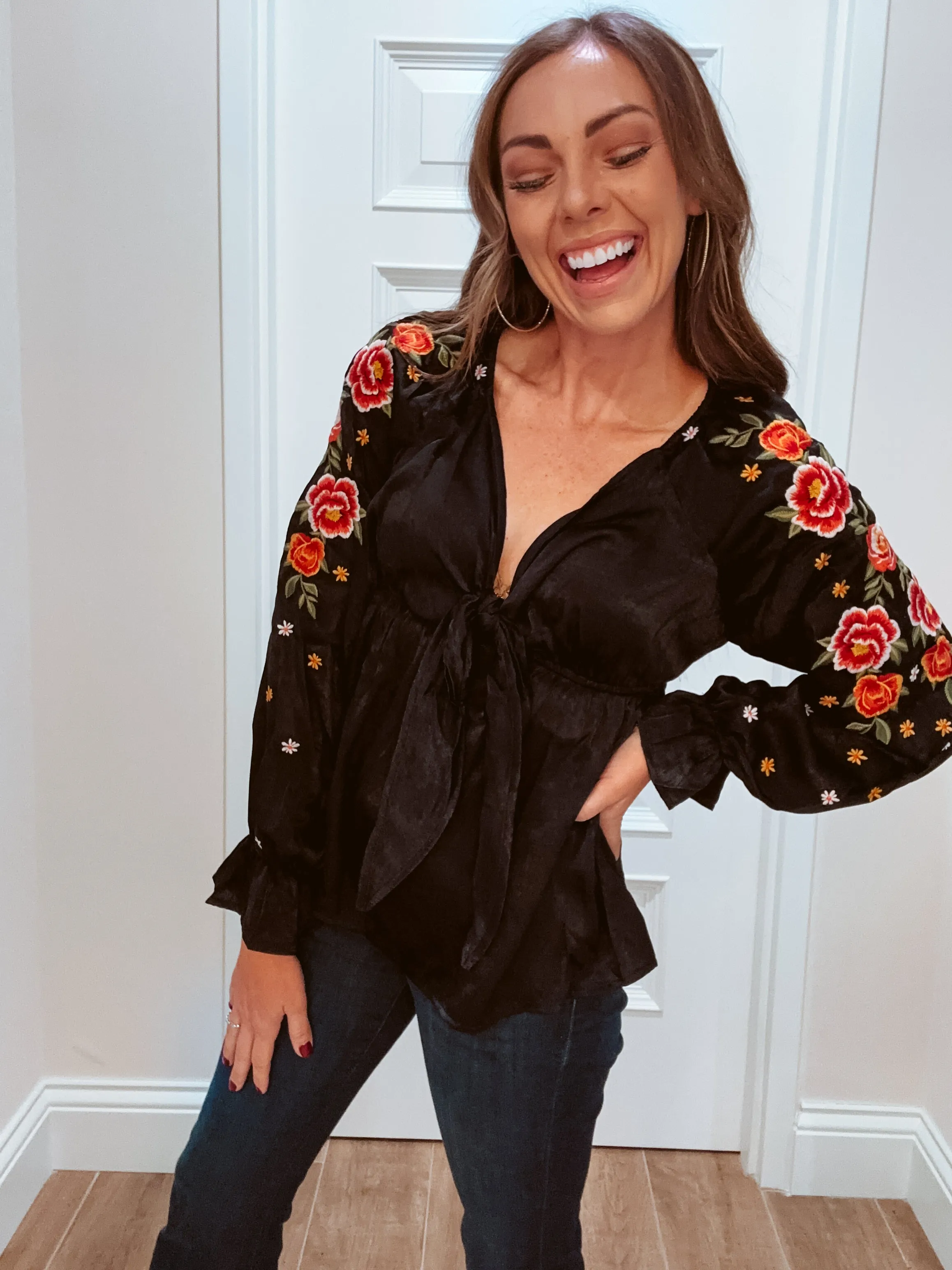 Black Silky Satin Embroidered Sleeve Babydoll Top