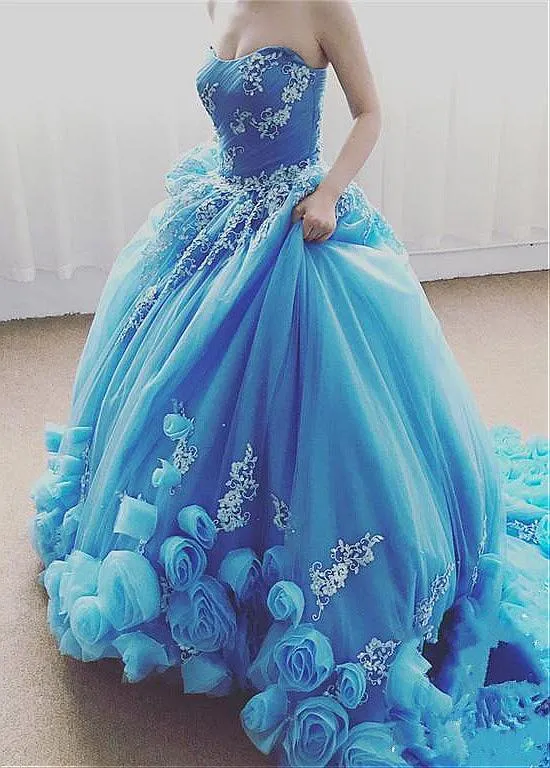 Blue Handmade Flower Ball Gown Prom Dress