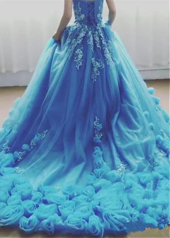 Blue Handmade Flower Ball Gown Prom Dress