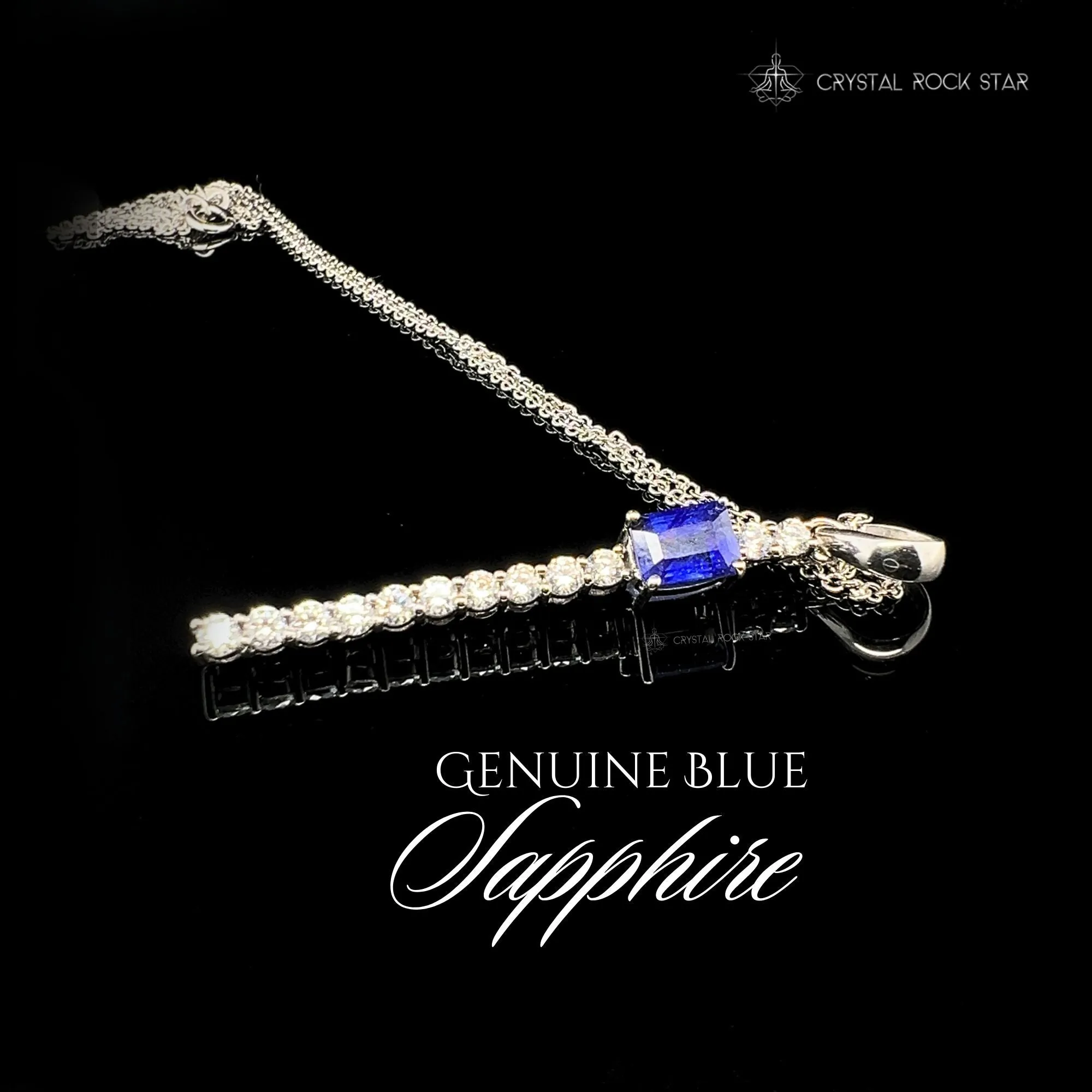 Blue Sapphire Sparkle Wand Sterling Silver Necklace