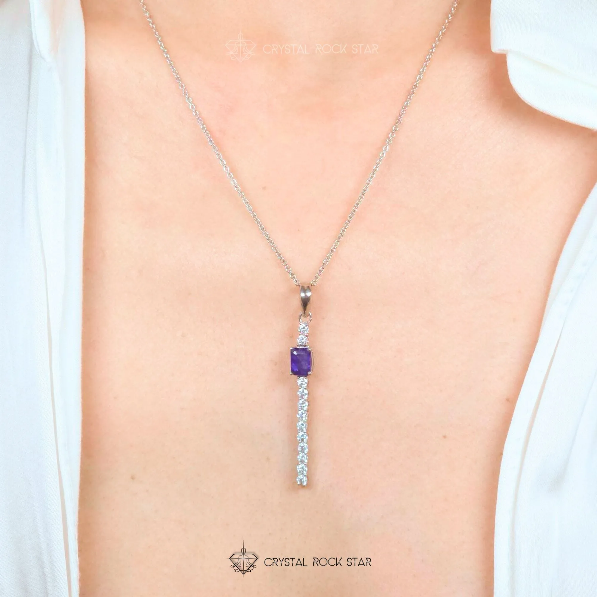 Blue Sapphire Sparkle Wand Sterling Silver Necklace