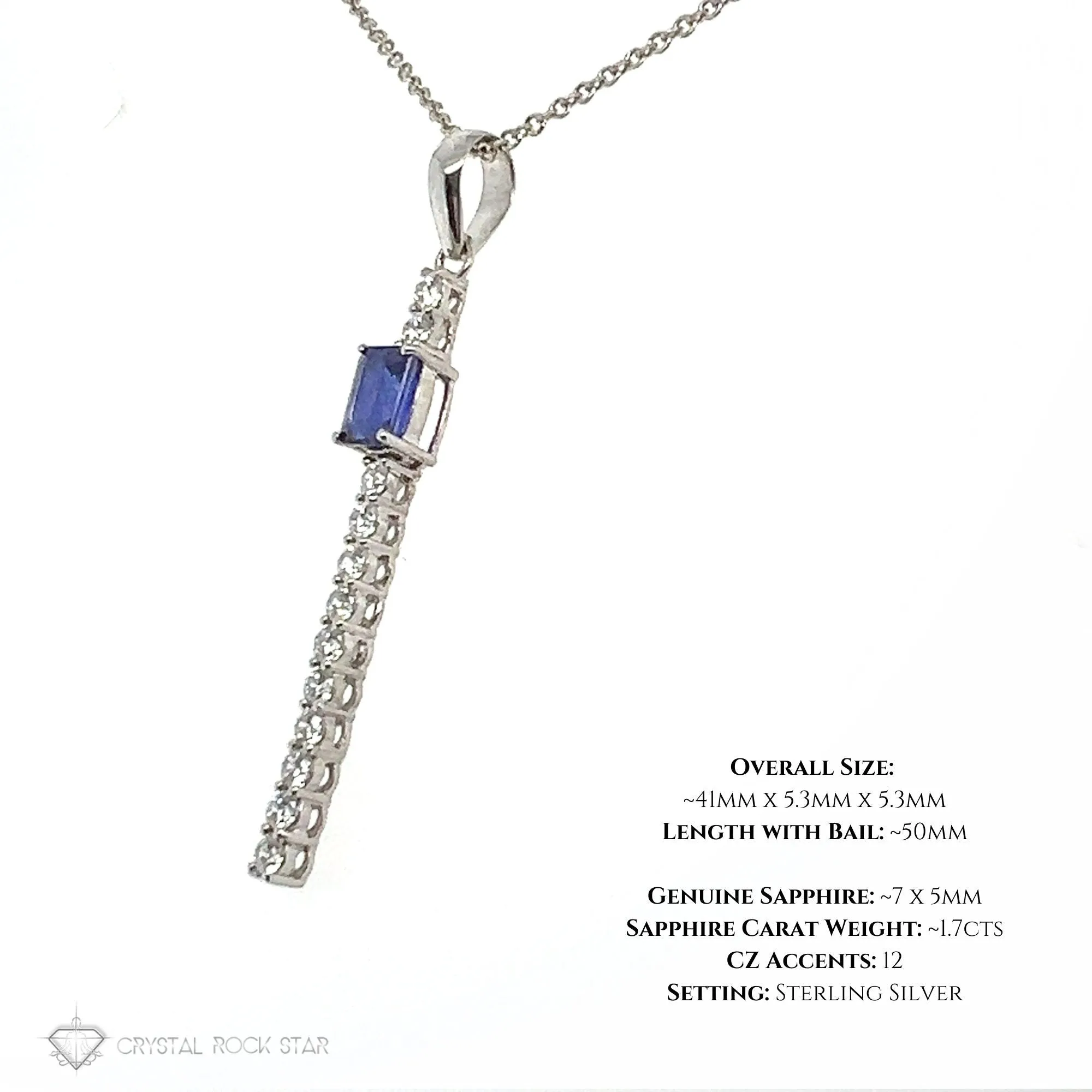 Blue Sapphire Sparkle Wand Sterling Silver Necklace