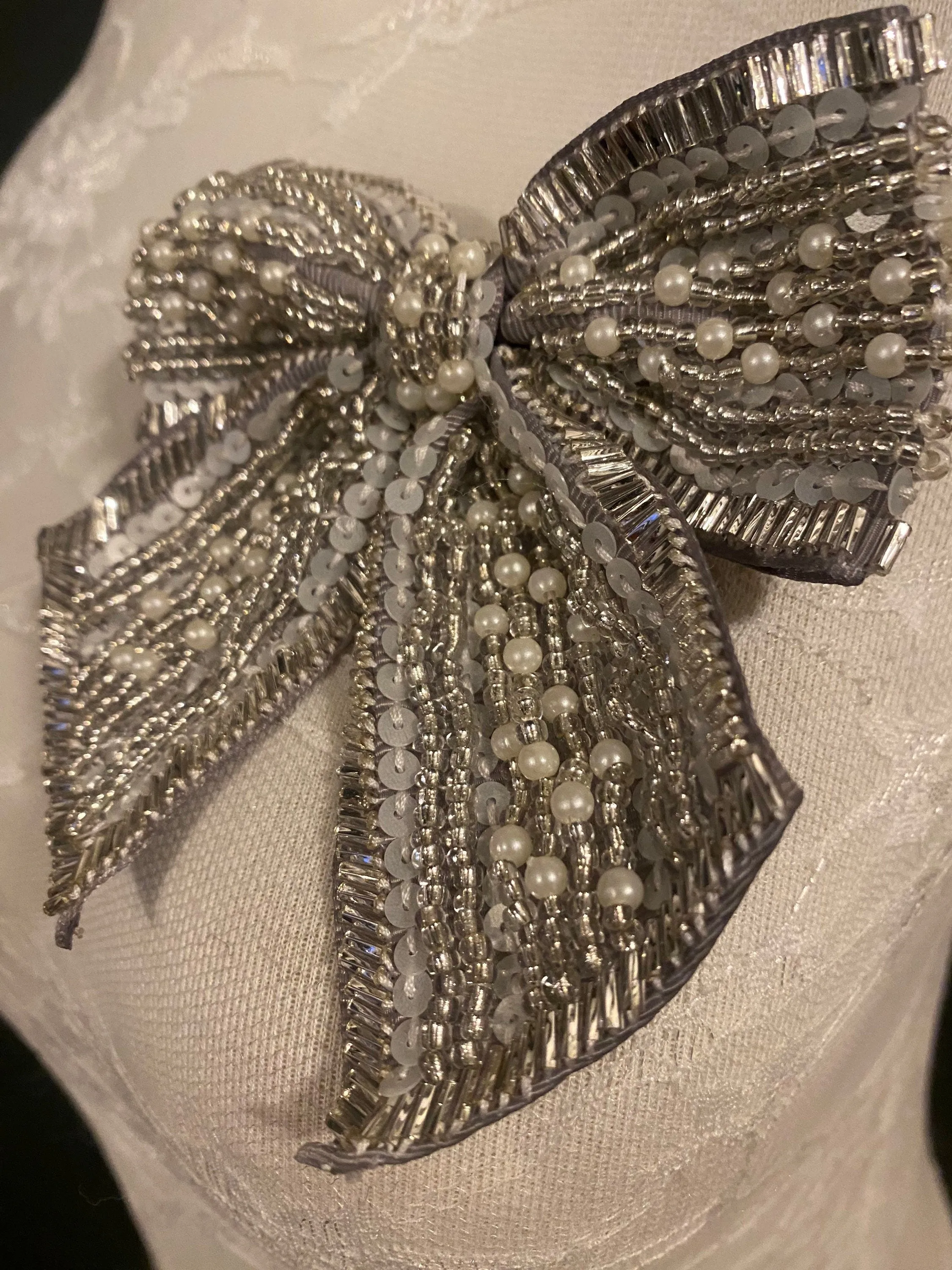 Bow Corsage, Pin On Ribbon Bow, Beaded Bow pin on Corsage, Silver Grey, Pearls Brooch, 11cm x 11cm, 4.5” x 4.5”