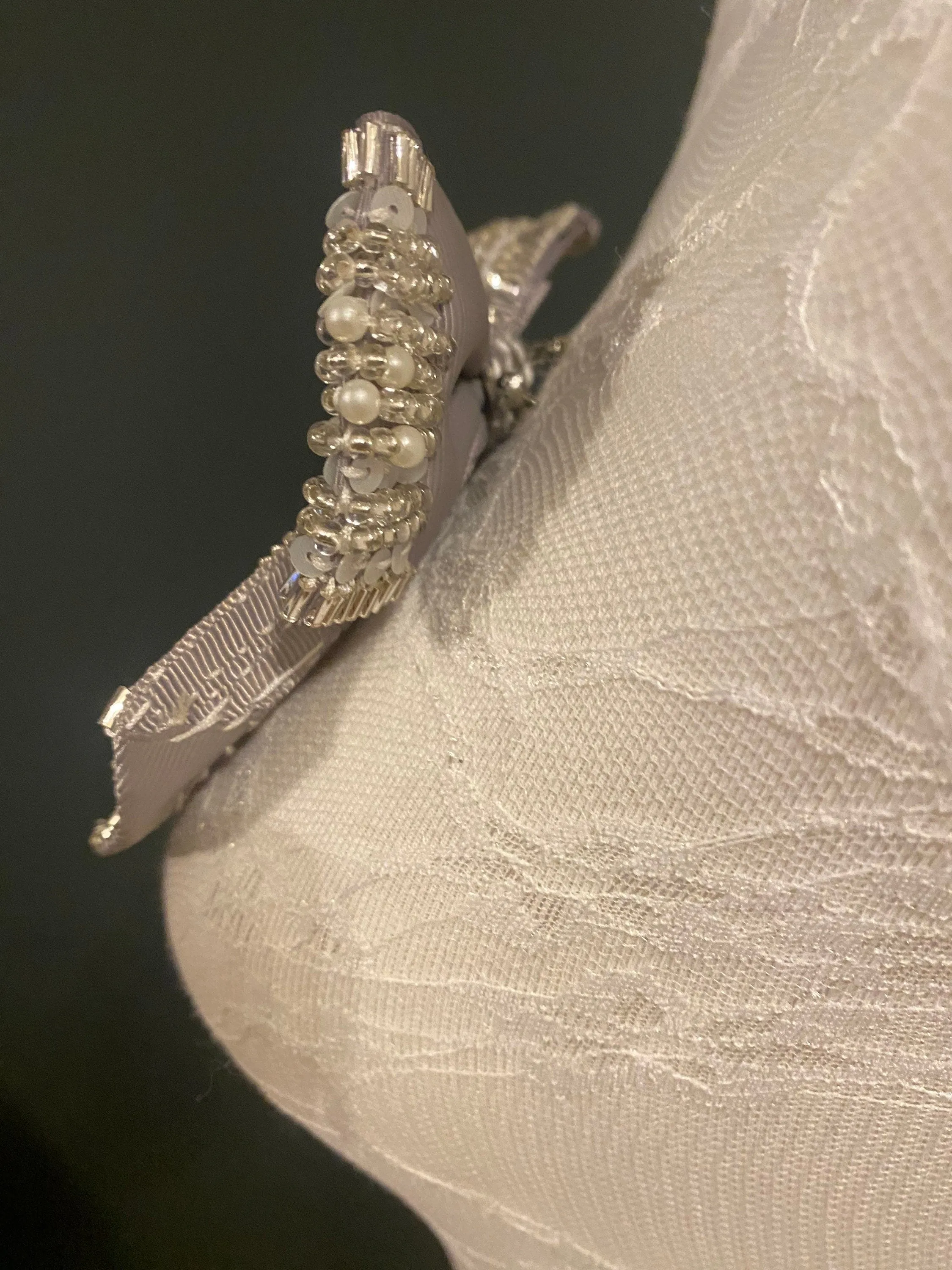 Bow Corsage, Pin On Ribbon Bow, Beaded Bow pin on Corsage, Silver Grey, Pearls Brooch, 11cm x 11cm, 4.5” x 4.5”