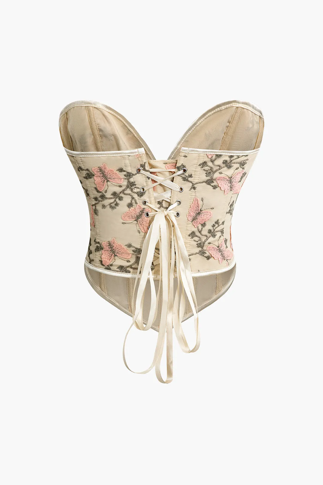 Butterfly Embroidered Braided Tie Corset Top
