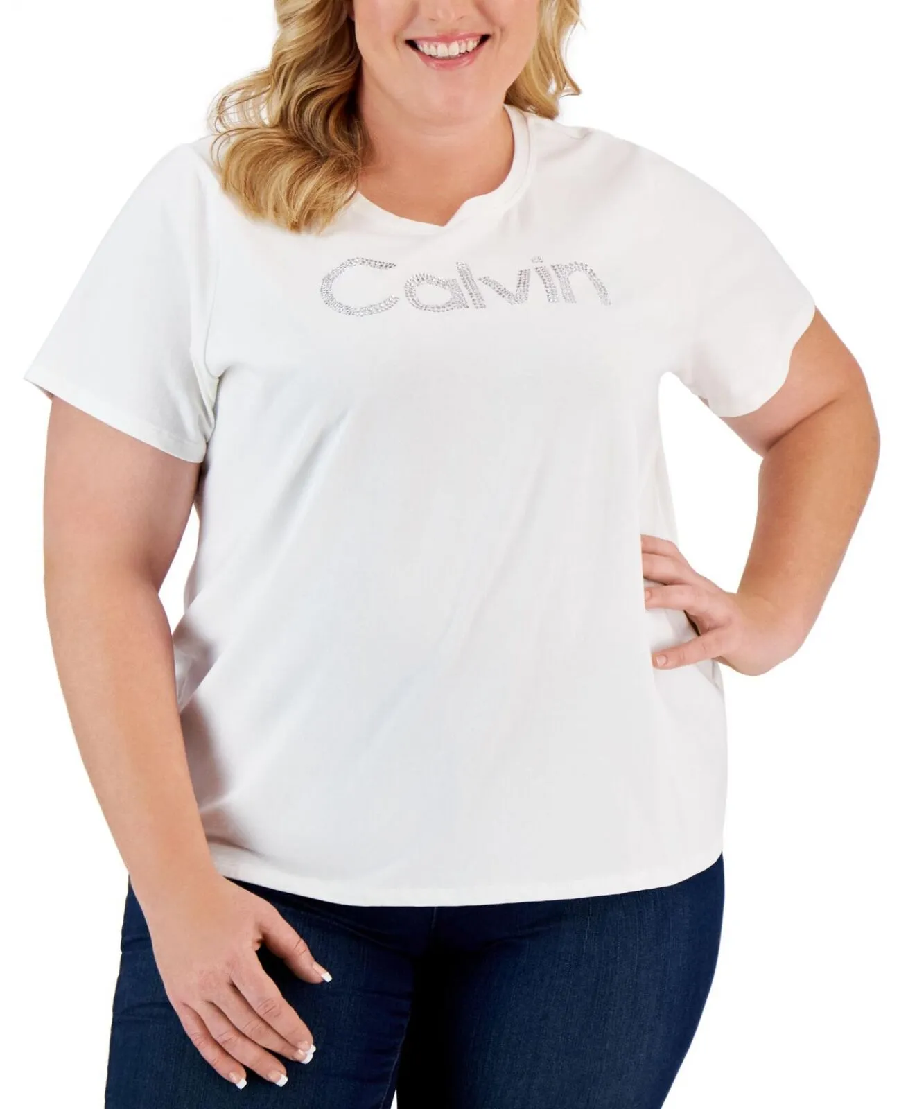 Calvin Klein Women's Plus Size Rhinestone Detail Sparkly Everyday T Shirt