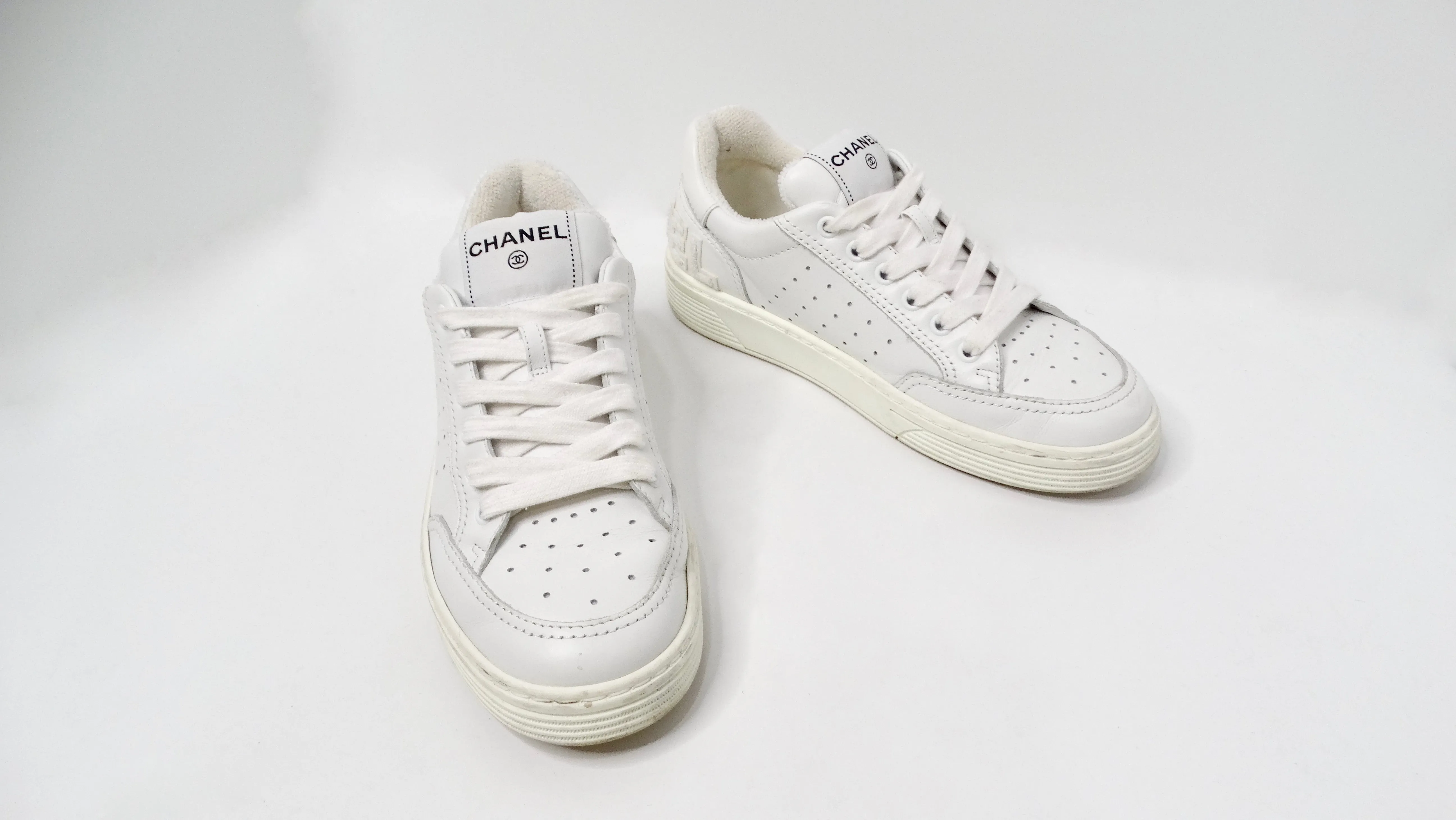 Chanel 2020 White Calfskin Perforated Leather Logo Sneakers