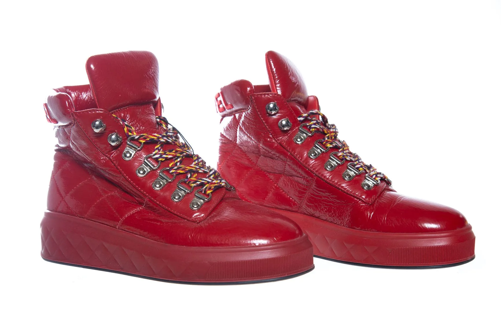 Chanel Red Patent Leather Quilted High Top Sneakers SZ 35.5