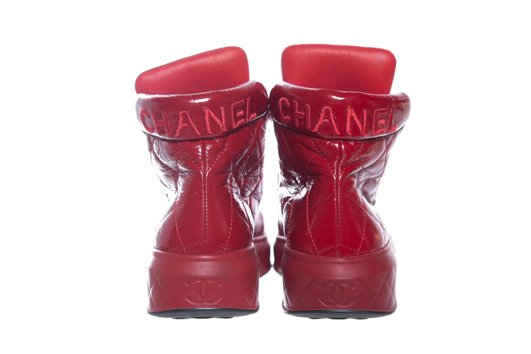 Chanel Red Patent Leather Quilted High Top Sneakers SZ 35.5