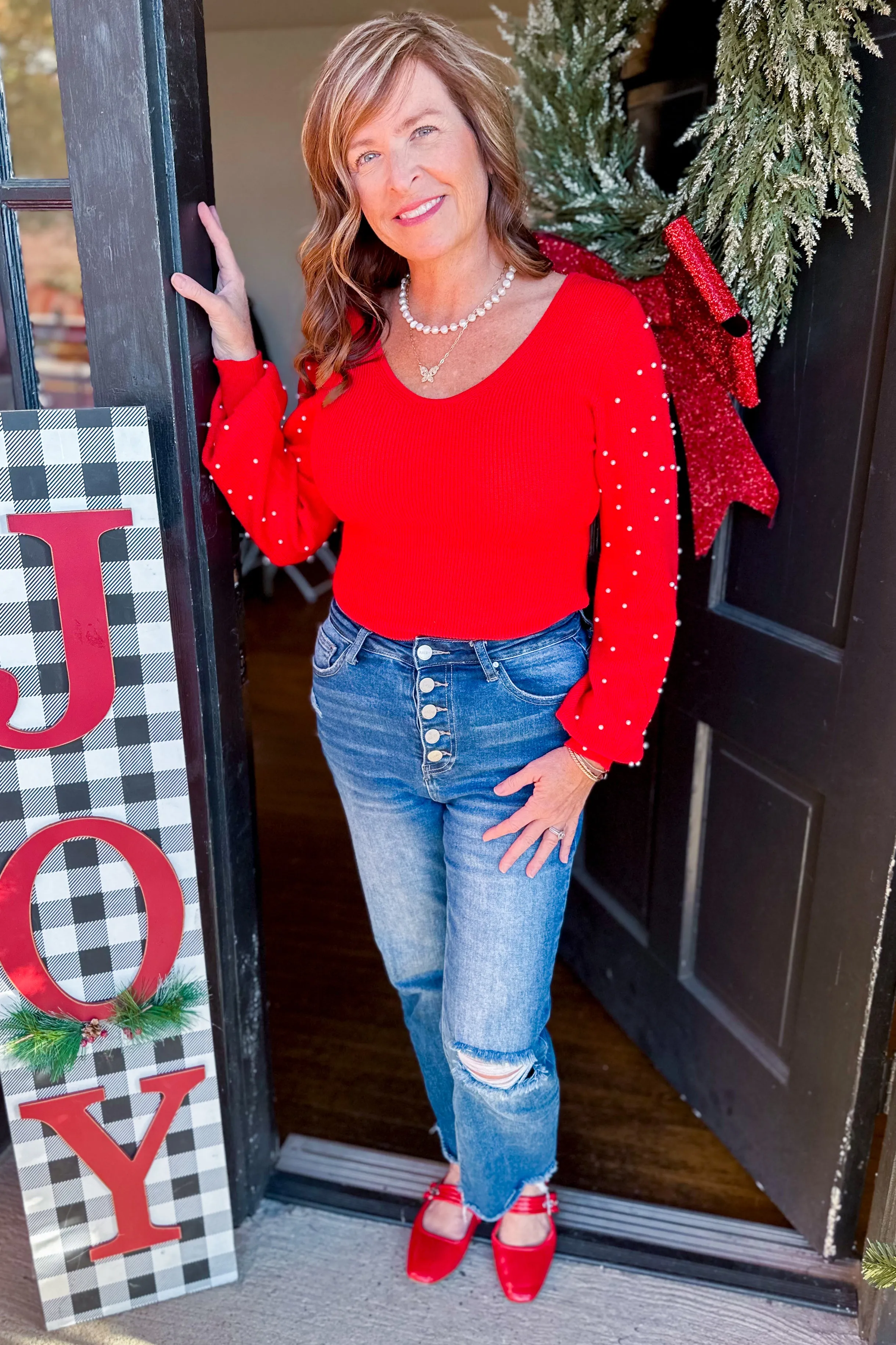 Chrissy Pearl Beaded Long Sleeve Sweater Bodysuit *FINAL SALE*