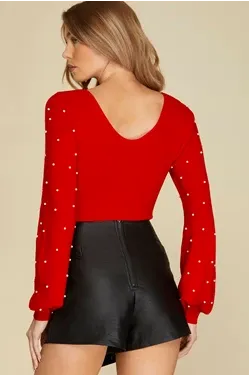 Chrissy Pearl Beaded Long Sleeve Sweater Bodysuit *FINAL SALE*