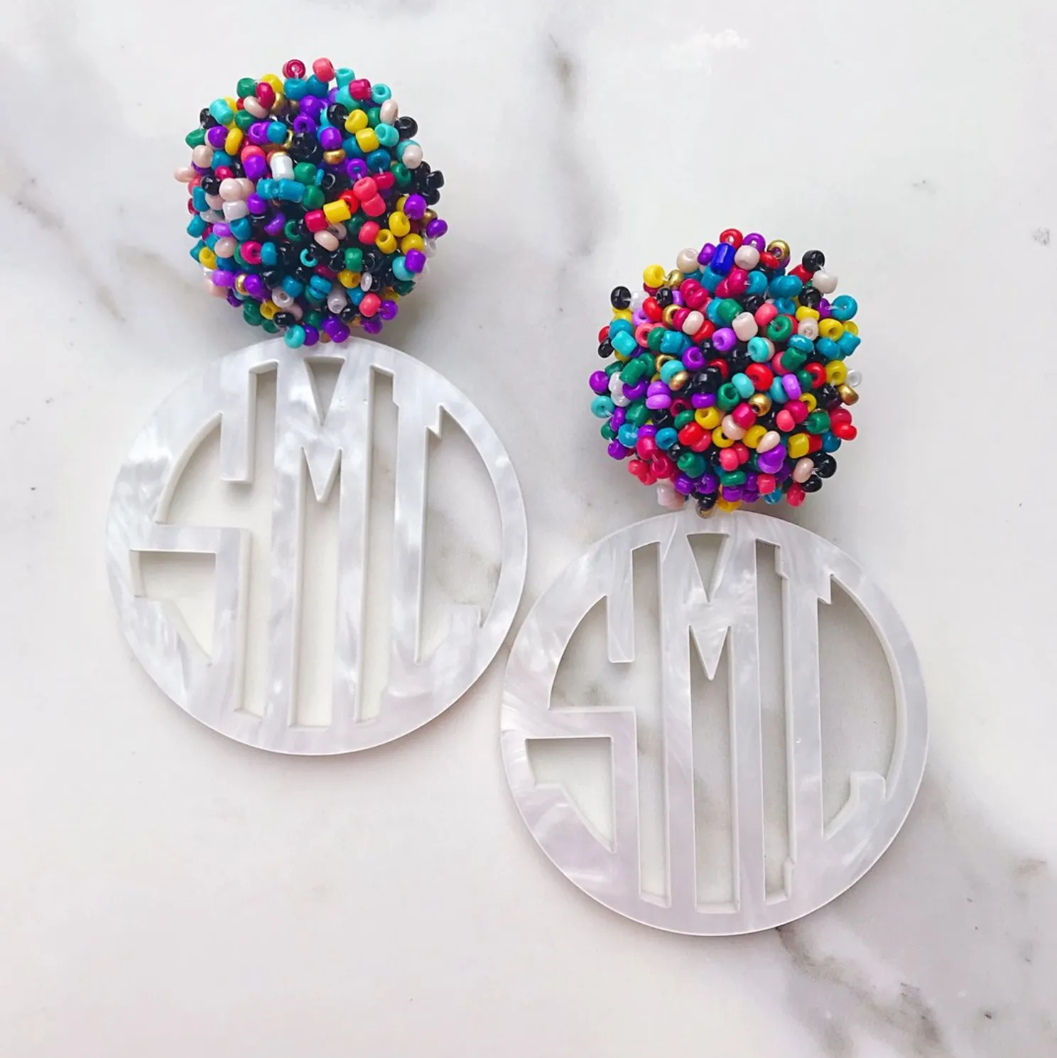 Circle Monogram Earrings with Beaded Top