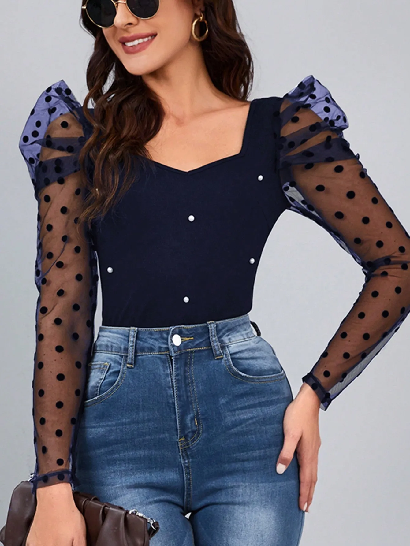 Clasi Polka Dot Mesh Patchwork Leg-Of-Mutton Sleeve Top Beaded Decor