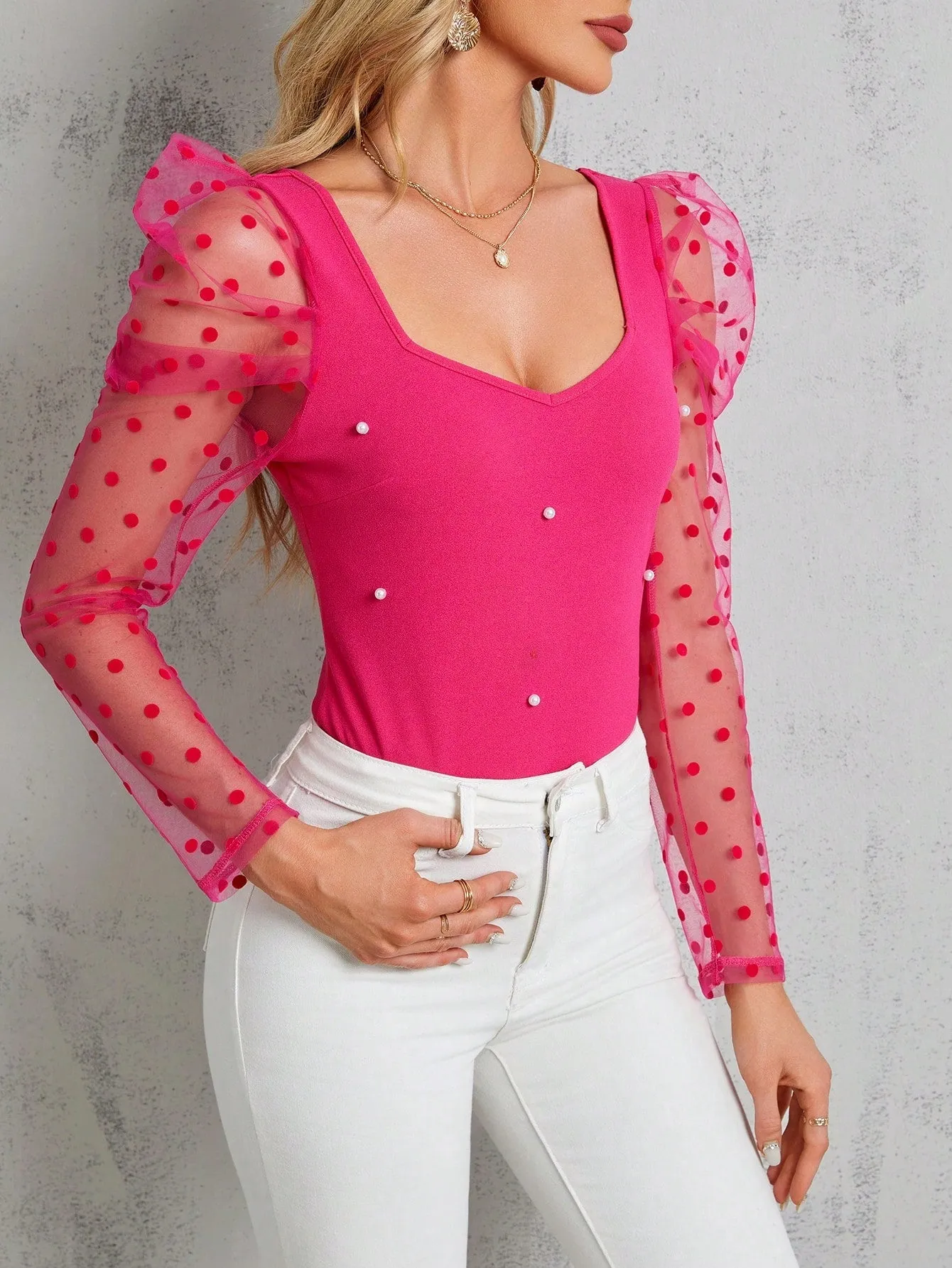 Clasi Polka Dot Mesh Patchwork Leg-Of-Mutton Sleeve Top Beaded Decor